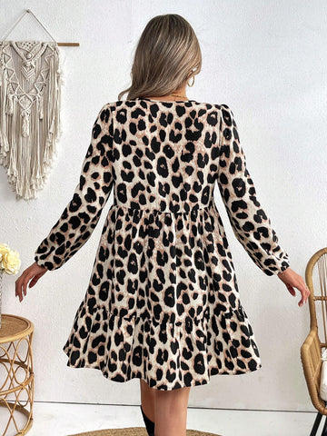 Women Casual Street Chic Leopard Print V-Neck Puff Sleeve Babydoll Short Dress, Autumn Style