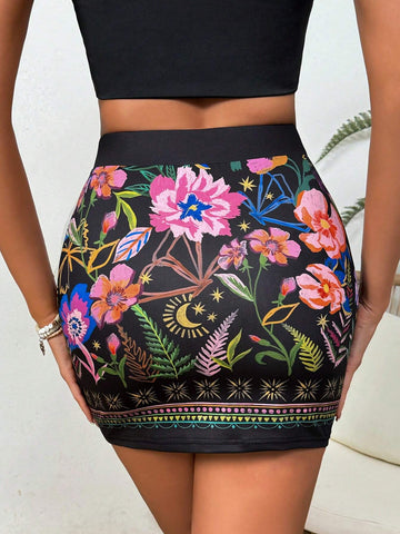 VCAY Women Colorful Floral Print Bodycon Skirt