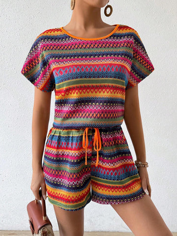 Women Fashionable Colorful Stripe Summer Daily 2-Piece Set