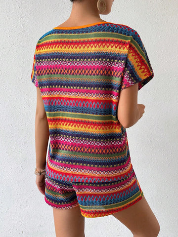 Women Fashionable Colorful Stripe Summer Daily 2-Piece Set