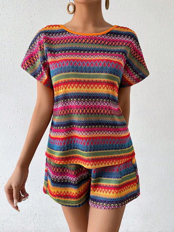 Women Fashionable Colorful Stripe Summer Daily 2-Piece Set