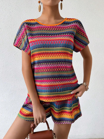 Women Fashionable Colorful Stripe Summer Daily 2-Piece Set