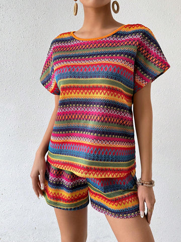 Women Fashionable Colorful Stripe Summer Daily 2-Piece Set