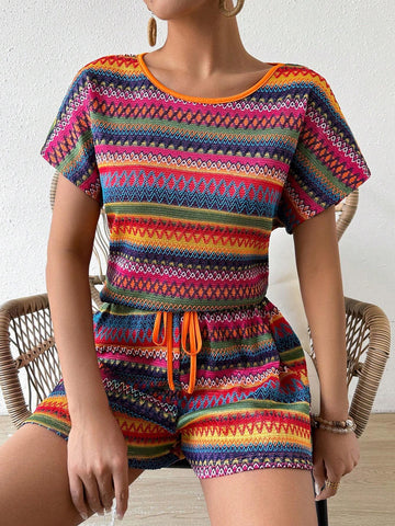 Women Fashionable Colorful Stripe Summer Daily 2-Piece Set