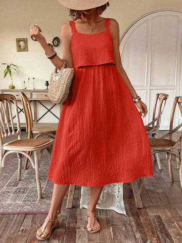 Women Fashionable Solid Color Comfortable Loose Lace Strap Dress