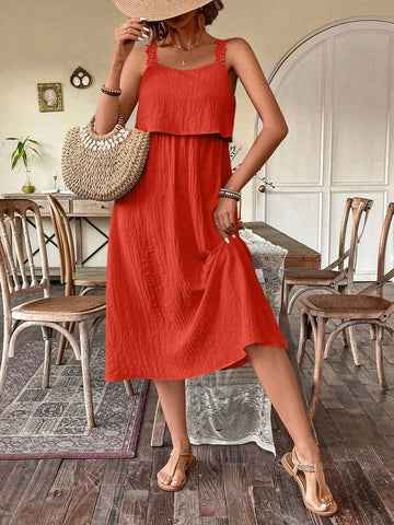 Women Fashionable Solid Color Comfortable Loose Lace Strap Dress