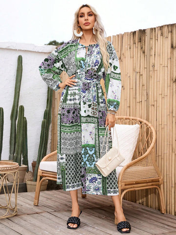 Women Fashionable Summer Holiday Style Random Printed Long Sleeve Dress