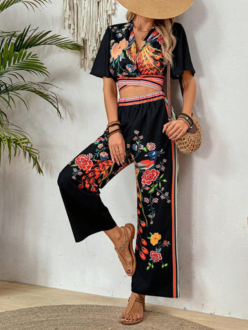 Women Fashionable Vacation Style Printed Two-Piece Set