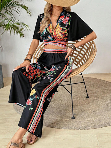 Women Fashionable Vacation Style Printed Two-Piece Set