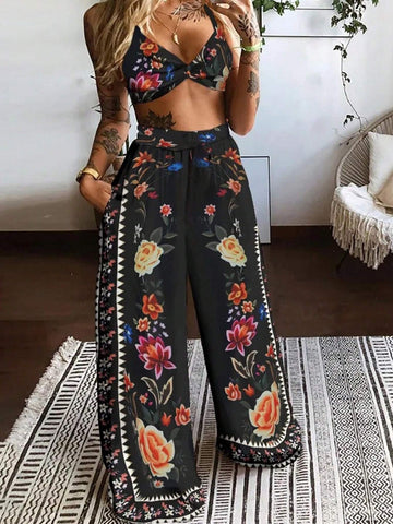 Women Fashionable Versatile Printed Twist-Knot Vacation Set