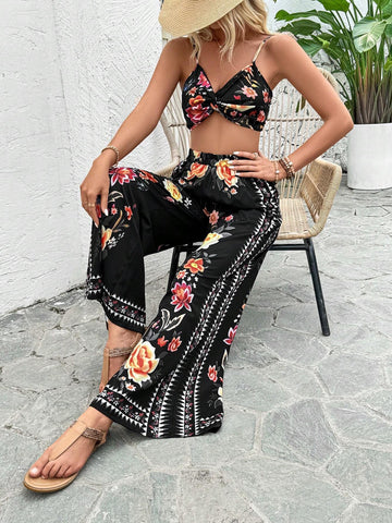 Women Fashionable Versatile Printed Twist-Knot Vacation Set