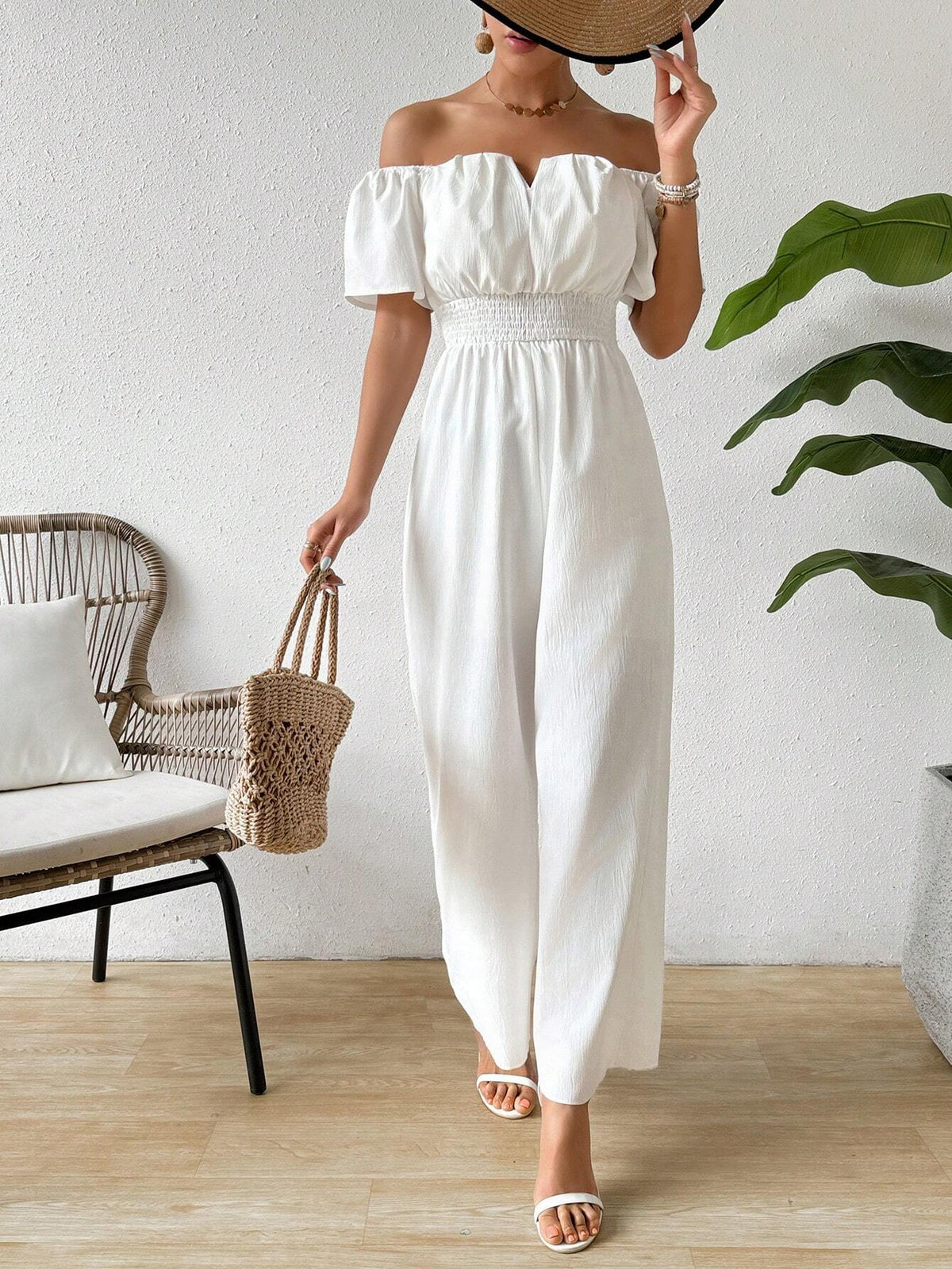 Women Fashionable White Jumpsuit With Off Shoulder Neckline And Waist Tie For Slim Fit
