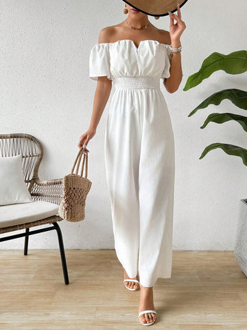 Women Fashionable White Jumpsuit With Off Shoulder Neckline And Waist Tie For Slim Fit