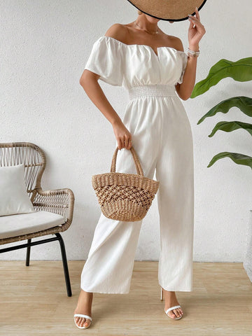 Women Fashionable White Jumpsuit With Off Shoulder Neckline And Waist Tie For Slim Fit