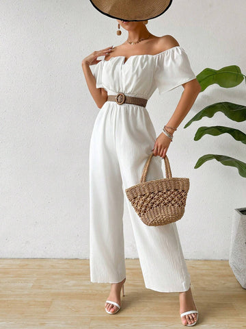 Women Fashionable White Jumpsuit With Off Shoulder Neckline And Waist Tie For Slim Fit