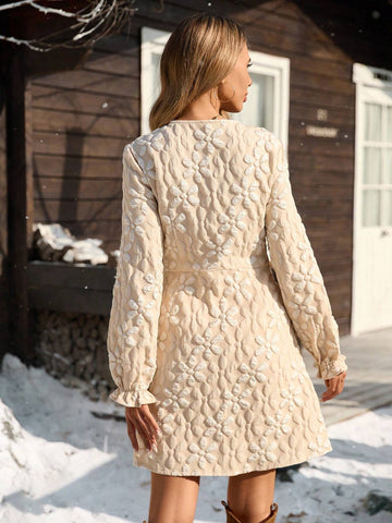 Women Floral Jacquard V-Neck Long Sleeve Single-Breasted Elegant Mini Dress, Autumn