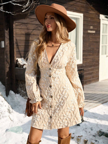 Women Floral Jacquard V-Neck Long Sleeve Single-Breasted Elegant Mini Dress, Autumn