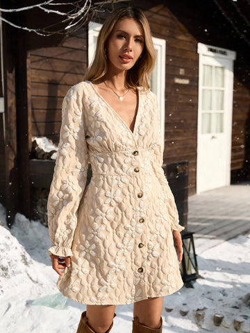 Women Floral Jacquard V-Neck Long Sleeve Single-Breasted Elegant Mini Dress, Autumn