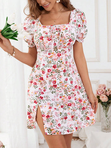 Women\ Floral Print Split Maxi Dress With Bubble Sleeves For Summer