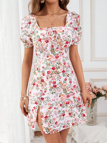 Women\ Floral Print Split Maxi Dress With Bubble Sleeves For Summer