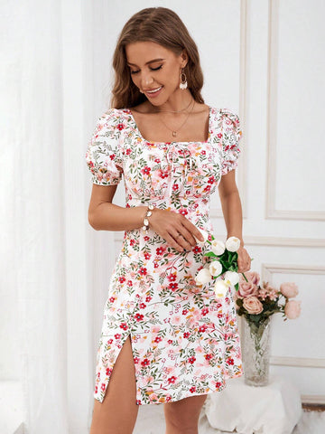 Women\ Floral Print Split Maxi Dress With Bubble Sleeves For Summer