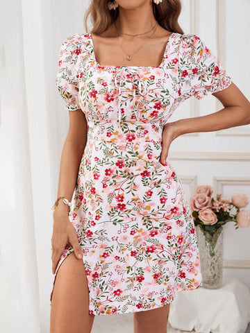 Women\ Floral Print Split Maxi Dress With Bubble Sleeves For Summer