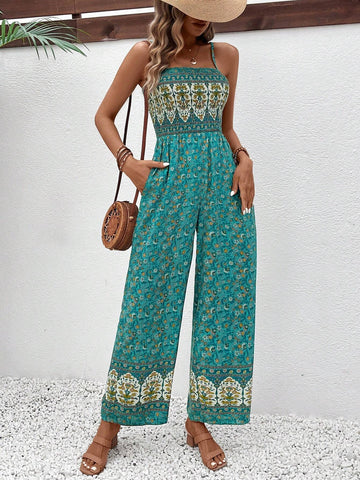 Women Floral Print Wide Leg Jumpsuit With Pockets And Tie Shoulder Strap, Perfect For Vacation Style