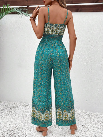 Women Floral Print Wide Leg Jumpsuit With Pockets And Tie Shoulder Strap, Perfect For Vacation Style