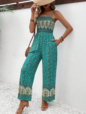Women Floral Print Wide Leg Jumpsuit With Pockets And Tie Shoulder Strap, Perfect For Vacation Style