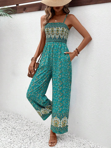 Women Floral Print Wide Leg Jumpsuit With Pockets And Tie Shoulder Strap, Perfect For Vacation Style