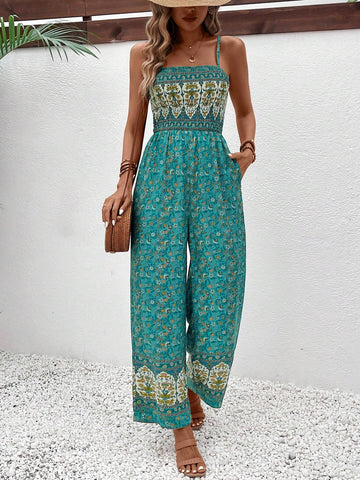 Women Floral Print Wide Leg Jumpsuit With Pockets And Tie Shoulder Strap, Perfect For Vacation Style