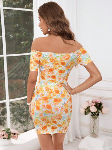 Women Flower Print One Shoulder Dress