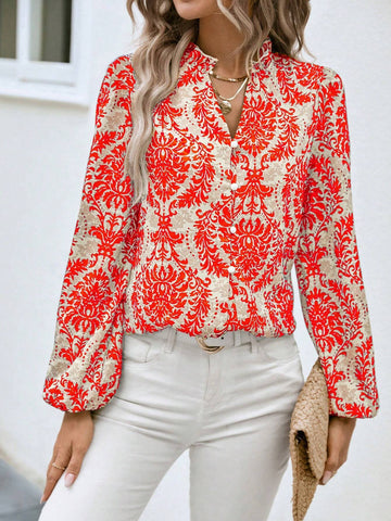 VCAY Women Front Button Up Long Sleeve All Over Print Casual Top