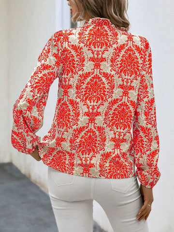 VCAY Women Front Button Up Long Sleeve All Over Print Casual Top