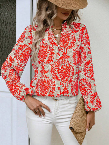 VCAY Women Front Button Up Long Sleeve All Over Print Casual Top