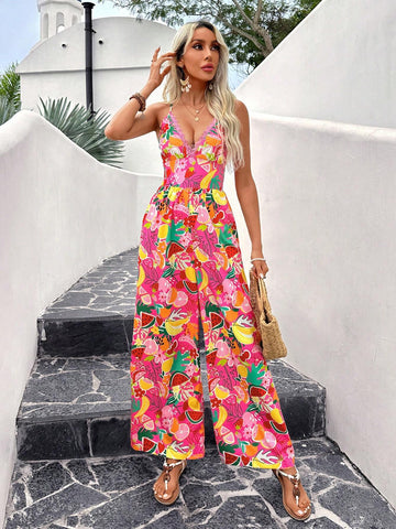 Women Lace Halter Neck Tropical Fruit Print Jumpsuit