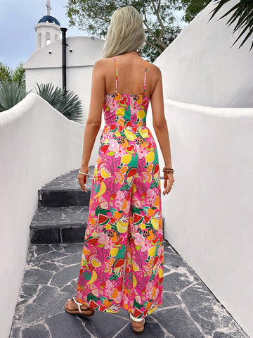 Women Lace Halter Neck Tropical Fruit Print Jumpsuit