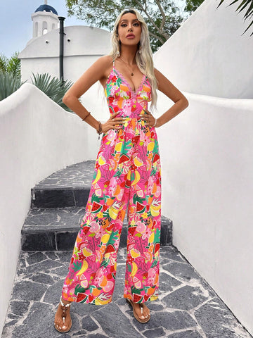 Women Lace Halter Neck Tropical Fruit Print Jumpsuit