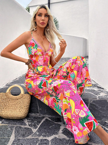 Women Lace Halter Neck Tropical Fruit Print Jumpsuit