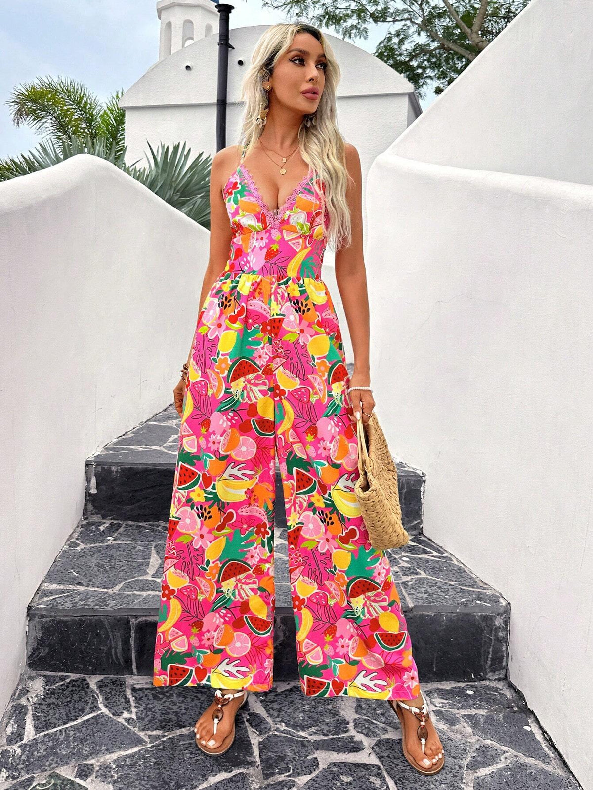 Women Lace Halter Neck Tropical Fruit Print Jumpsuit