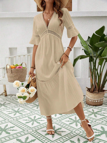 Women Lace Patchwork Long V-Neck Charming Maxi Dress