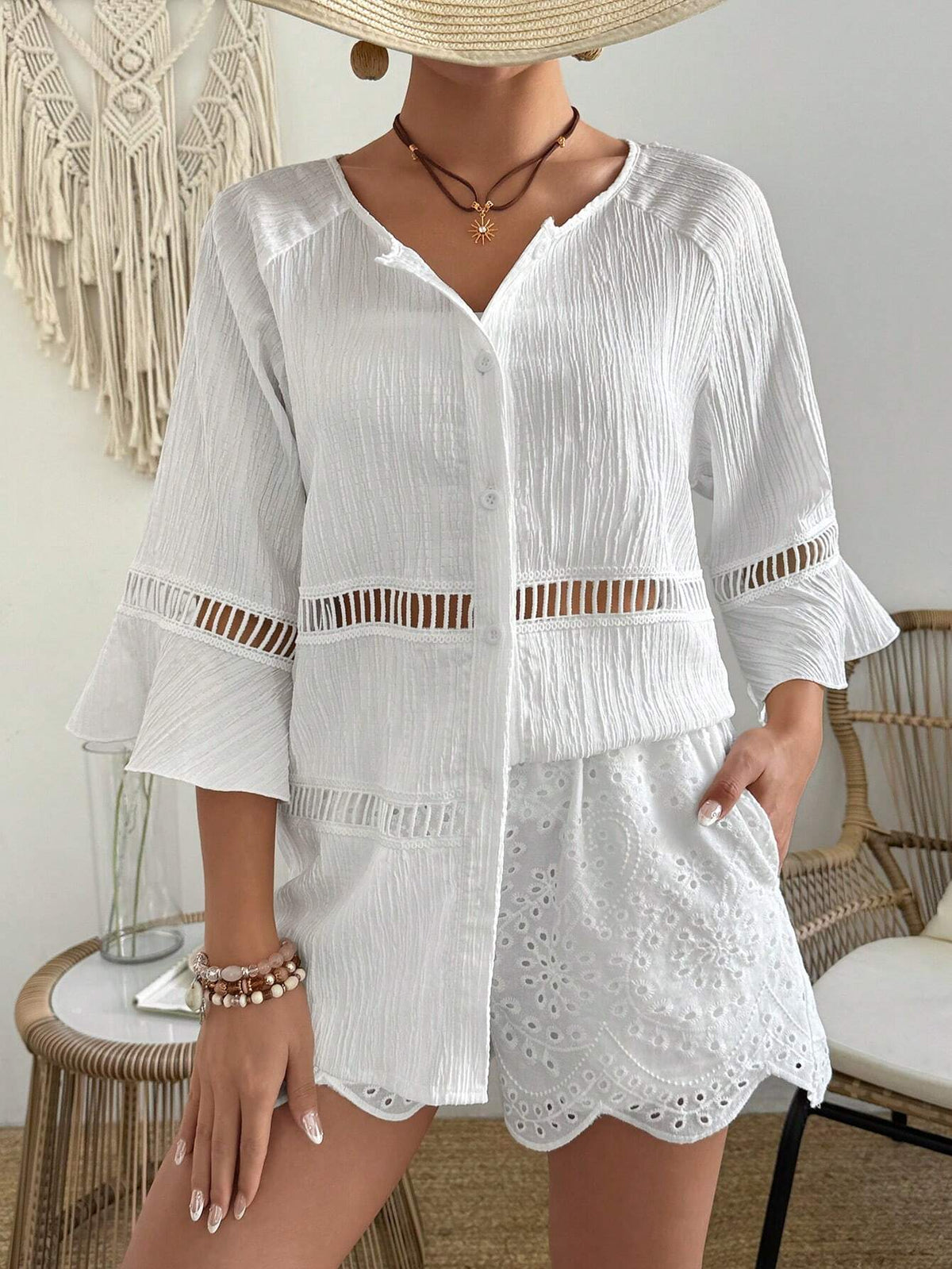 Women Lace Splice Two-Piece Set With 3/4 Sleeve