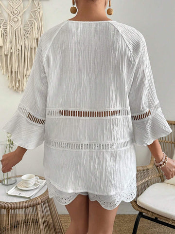 Women Lace Splice Two-Piece Set With 3/4 Sleeve