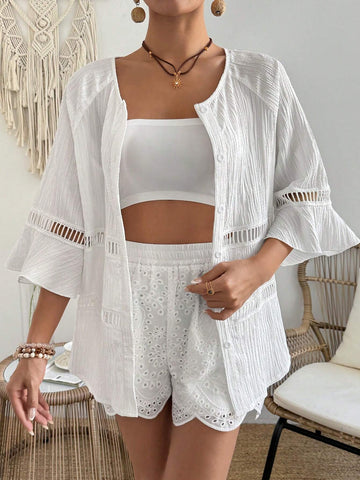 Women Lace Splice Two-Piece Set With 3/4 Sleeve