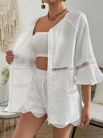 Women Lace Splice Two-Piece Set With 3/4 Sleeve