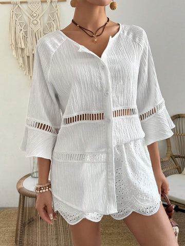 Women Lace Splice Two-Piece Set With 3/4 Sleeve