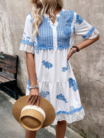 Women Lace Trim Casual Graphic Summer Dress