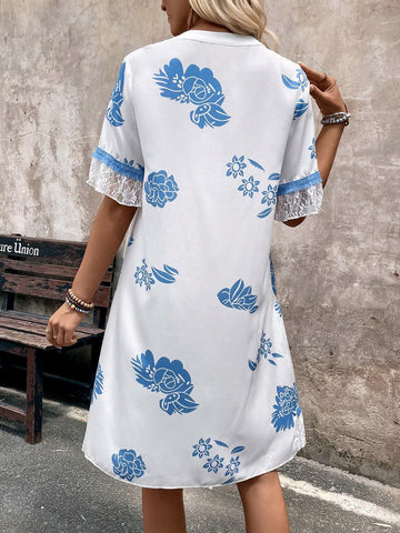 Women Lace Trim Casual Graphic Summer Dress