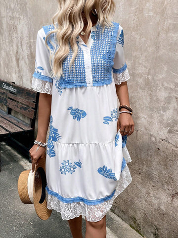 Women Lace Trim Casual Graphic Summer Dress