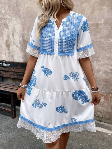 Women Lace Trim Casual Graphic Summer Dress